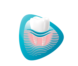 Meridol tooth icon on light blue triangular shapes background with out germs on it